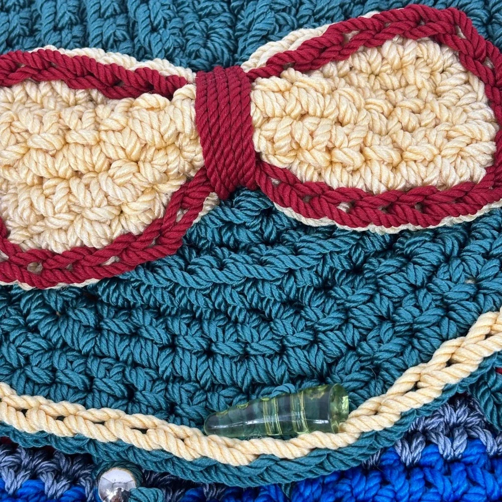 Handmade Crochet Striped Backpack Teal Multi Color Bow Detail Boho Knit Bag
